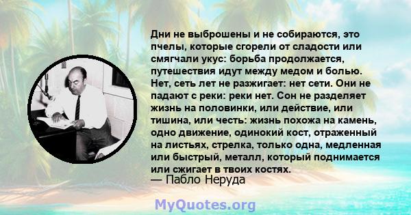 Дни не выброшены и не собираются, это пчелы, которые сгорели от сладости или смягчали укус: борьба продолжается, путешествия идут между медом и болью. Нет, сеть лет не разжигает: нет сети. Они не падают с реки: реки