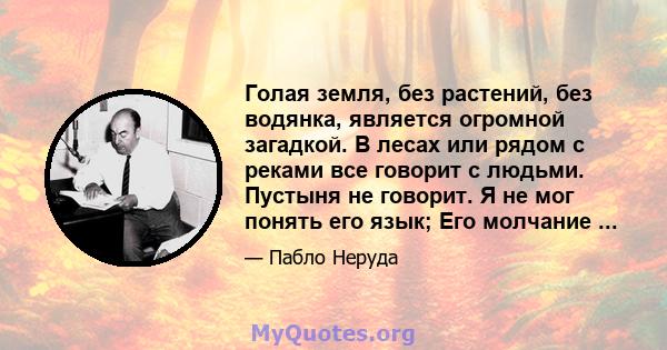 Голая земля, без растений, без водянка, является огромной загадкой. В лесах или рядом с реками все говорит с людьми. Пустыня не говорит. Я не мог понять его язык; Его молчание ...