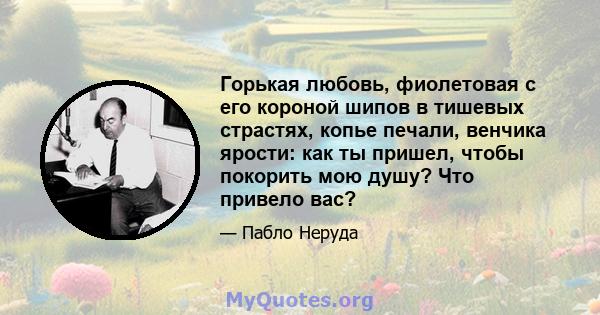 Горькая любовь, фиолетовая с его короной шипов в тишевых страстях, копье печали, венчика ярости: как ты пришел, чтобы покорить мою душу? Что привело вас?