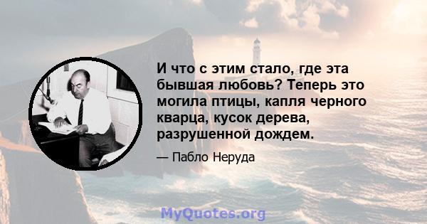 И что с этим стало, где эта бывшая любовь? Теперь это могила птицы, капля черного кварца, кусок дерева, разрушенной дождем.