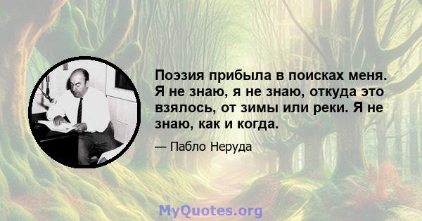 Поэзия прибыла в поисках меня. Я не знаю, я не знаю, откуда это взялось, от зимы или реки. Я не знаю, как и когда.