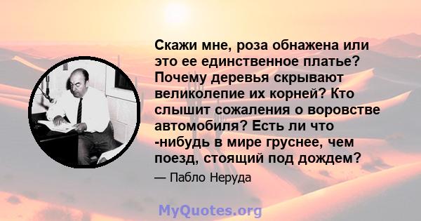 Скажи мне, роза обнажена или это ее единственное платье? Почему деревья скрывают великолепие их корней? Кто слышит сожаления о воровстве автомобиля? Есть ли что -нибудь в мире груснее, чем поезд, стоящий под дождем?