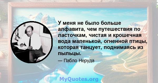 У меня не было больше алфавита, чем путешествия по ласточкам, чистая и крошечная вода маленькой, огненной птицы, которая танцует, поднимаясь из пыльцы.