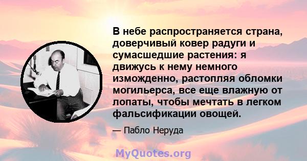 В небе распространяется страна, доверчивый ковер радуги и сумасшедшие растения: я движусь к нему немного изможденно, растопляя обломки могильерса, все еще влажную от лопаты, чтобы мечтать в легком фальсификации овощей.