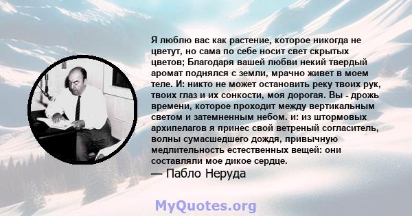 Я люблю вас как растение, которое никогда не цветут, но сама по себе носит свет скрытых цветов; Благодаря вашей любви некий твердый аромат поднялся с земли, мрачно живет в моем теле. И: никто не может остановить реку