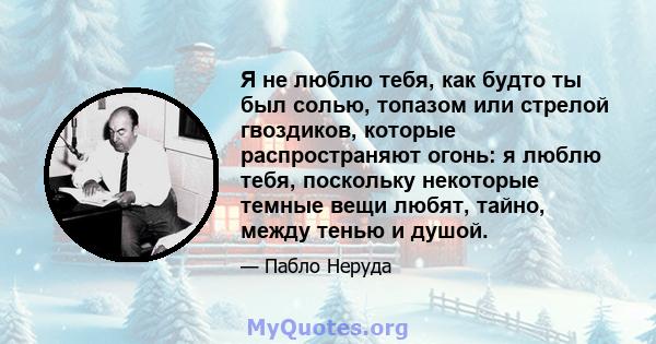 Я не люблю тебя, как будто ты был солью, топазом или стрелой гвоздиков, которые распространяют огонь: я люблю тебя, поскольку некоторые темные вещи любят, тайно, между тенью и душой.