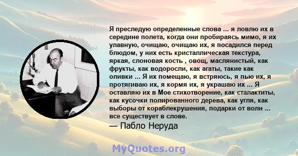 Я преследую определенные слова ... я ловлю их в середине полета, когда они пробираясь мимо, я их улавную, очищаю, очищаю их, я посадился перед блюдом, у них есть кристаллическая текстура, яркая, слоновая кость , овощ,