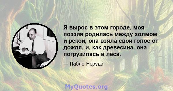 Я вырос в этом городе, моя поэзия родилась между холмом и рекой, она взяла свой голос от дождя, и, как древесина, она погрузилась в леса.