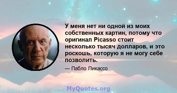 У меня нет ни одной из моих собственных картин, потому что оригинал Picasso стоит несколько тысяч долларов, и это роскошь, которую я не могу себе позволить.