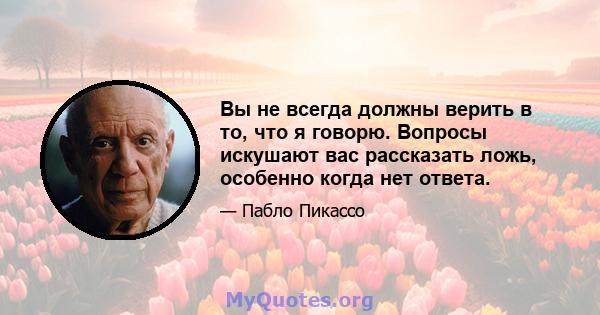 Вы не всегда должны верить в то, что я говорю. Вопросы искушают вас рассказать ложь, особенно когда нет ответа.