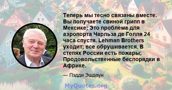 Теперь мы тесно связаны вместе. Вы получаете свиной грипп в Мексике; Это проблема для аэропорта Чарльза де Голля 24 часа спустя. Lehman Brothers уходит; все обрушивается. В степях России есть пожары; Продовольственные