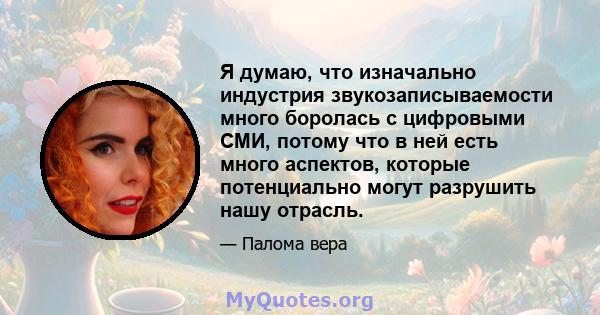 Я думаю, что изначально индустрия звукозаписываемости много боролась с цифровыми СМИ, потому что в ней есть много аспектов, которые потенциально могут разрушить нашу отрасль.