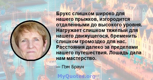 Брукс слишком широко для нашего прыжков, изгородится отдаленными до высокого уровня. Нагружает слишком тяжелый для нашего движущегося, бременить слишком громоздко для нас. Расстояния далеко за пределами нашего