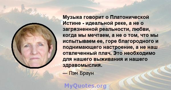 Музыка говорит о Платонической Истине - идеальной реке, а не о загрязненной реальности, любви, когда мы мечтаем, а не о том, что мы испытываем ее, горе благородного и поднимающего настроение, а не наш отвлеченный плач.