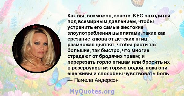 Как вы, возможно, знаете, KFC находится под всемирным давлением, чтобы устранить его самые жестокие злоупотребления цыплятами, такие как срезание клюва от детских птиц; размножая цыплят, чтобы расти так большие, так