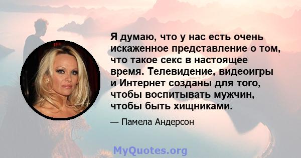 Я думаю, что у нас есть очень искаженное представление о том, что такое секс в настоящее время. Телевидение, видеоигры и Интернет созданы для того, чтобы воспитывать мужчин, чтобы быть хищниками.