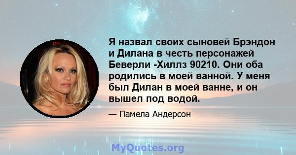 Я назвал своих сыновей Брэндон и Дилана в честь персонажей Беверли -Хиллз 90210. Они оба родились в моей ванной. У меня был Дилан в моей ванне, и он вышел под водой.