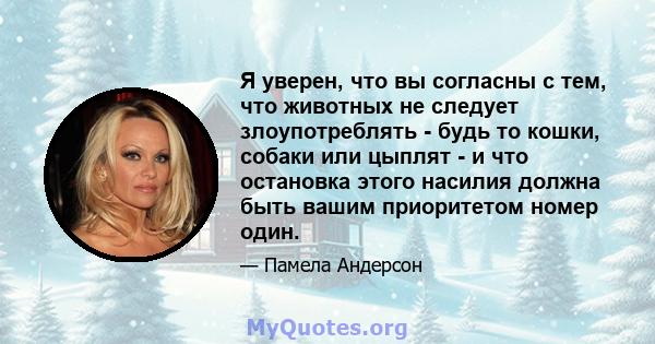 Я уверен, что вы согласны с тем, что животных не следует злоупотреблять - будь то кошки, собаки или цыплят - и что остановка этого насилия должна быть вашим приоритетом номер один.