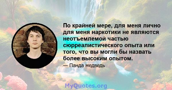 По крайней мере, для меня лично для меня наркотики не являются неотъемлемой частью сюрреалистического опыта или того, что вы могли бы назвать более высоким опытом.