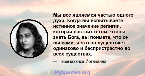 Мы все являемся частью одного духа. Когда вы испытываете истинное значение религии, которая состоит в том, чтобы знать Бога, вы поймете, что он вы сами, и что он существует одинаково и беспристрастно во всех существах.