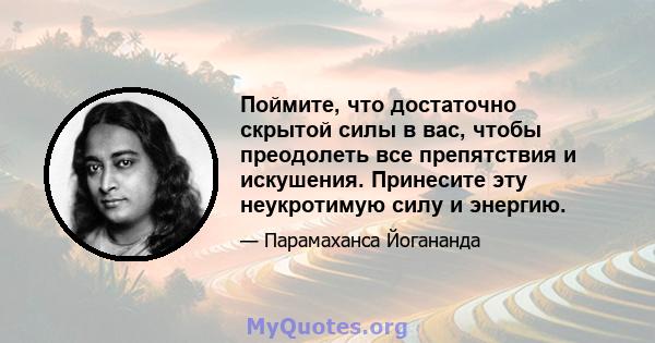 Поймите, что достаточно скрытой силы в вас, чтобы преодолеть все препятствия и искушения. Принесите эту неукротимую силу и энергию.