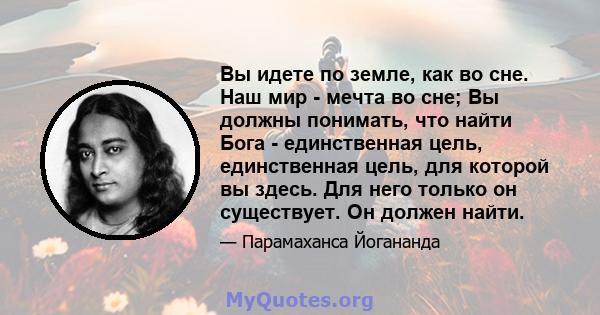 Вы идете по земле, как во сне. Наш мир - мечта во сне; Вы должны понимать, что найти Бога - единственная цель, единственная цель, для которой вы здесь. Для него только он существует. Он должен найти.