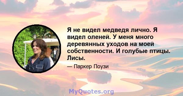 Я не видел медведя лично. Я видел оленей. У меня много деревянных уходов на моей собственности. И голубые птицы. Лисы.