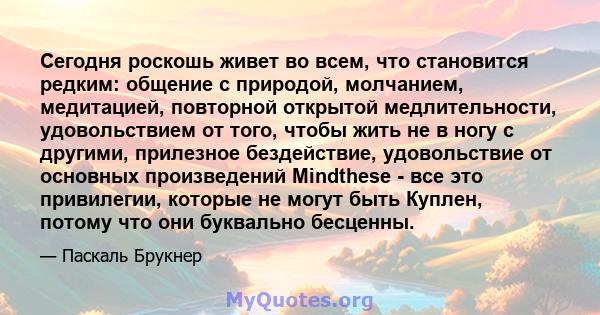 Сегодня роскошь живет во всем, что становится редким: общение с природой, молчанием, медитацией, повторной открытой медлительности, удовольствием от того, чтобы жить не в ногу с другими, прилезное бездействие,