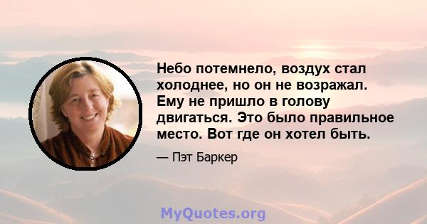 Небо потемнело, воздух стал холоднее, но он не возражал. Ему не пришло в голову двигаться. Это было правильное место. Вот где он хотел быть.