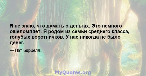 Я не знаю, что думать о деньгах. Это немного ошеломляет. Я родом из семьи среднего класса, голубых воротничков. У нас никогда не было денег.