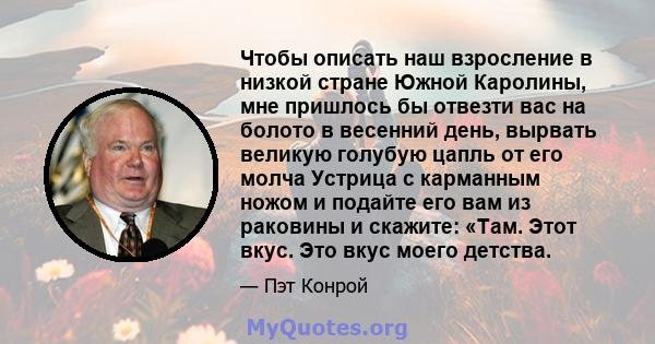 Чтобы описать наш взросление в низкой стране Южной Каролины, мне пришлось бы отвезти вас на болото в весенний день, вырвать великую голубую цапль от его молча Устрица с карманным ножом и подайте его вам из раковины и