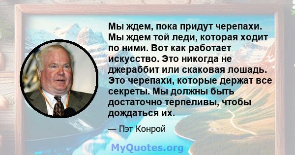 Мы ждем, пока придут черепахи. Мы ждем той леди, которая ходит по ними. Вот как работает искусство. Это никогда не джераббит или скаковая лошадь. Это черепахи, которые держат все секреты. Мы должны быть достаточно