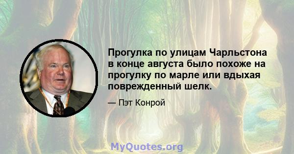 Прогулка по улицам Чарльстона в конце августа было похоже на прогулку по марле или вдыхая поврежденный шелк.