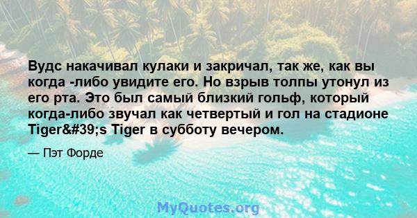 Вудс накачивал кулаки и закричал, так же, как вы когда -либо увидите его. Но взрыв толпы утонул из его рта. Это был самый близкий гольф, который когда-либо звучал как четвертый и гол на стадионе Tiger's Tiger в