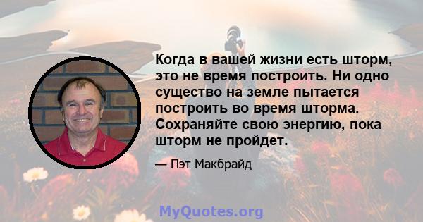 Когда в вашей жизни есть шторм, это не время построить. Ни одно существо на земле пытается построить во время шторма. Сохраняйте свою энергию, пока шторм не пройдет.