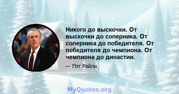 Никого до выскочки. От выскочки до соперника. От соперника до победителя. От победителя до чемпиона. От чемпиона до династии.