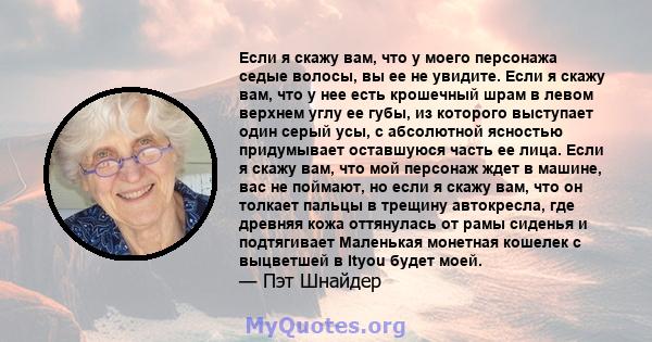 Если я скажу вам, что у моего персонажа седые волосы, вы ее не увидите. Если я скажу вам, что у нее есть крошечный шрам в левом верхнем углу ее губы, из которого выступает один серый усы, с абсолютной ясностью