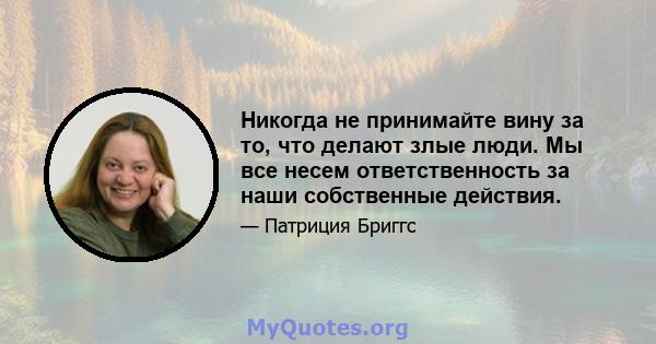 Никогда не принимайте вину за то, что делают злые люди. Мы все несем ответственность за наши собственные действия.