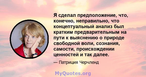 Я сделал предположение, что, конечно, неправильно, что концептуальный анализ был кратким предварительным на пути к выяснению о природе свободной воли, сознания, самости, происхождении ценностей и так далее.