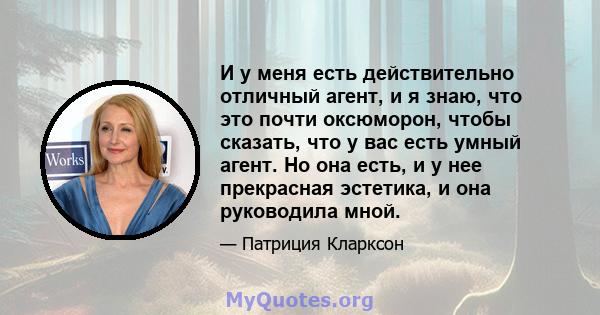 И у меня есть действительно отличный агент, и я знаю, что это почти оксюморон, чтобы сказать, что у вас есть умный агент. Но она есть, и у нее прекрасная эстетика, и она руководила мной.