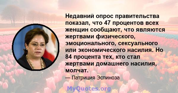 Недавний опрос правительства показал, что 47 процентов всех женщин сообщают, что являются жертвами физического, эмоционального, сексуального или экономического насилия. Но 84 процента тех, кто стал жертвами домашнего