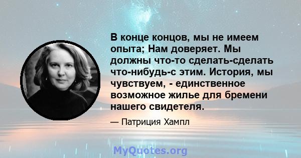 В конце концов, мы не имеем опыта; Нам доверяет. Мы должны что-то сделать-сделать что-нибудь-с этим. История, мы чувствуем, - единственное возможное жилье для бремени нашего свидетеля.