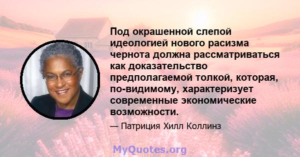 Под окрашенной слепой идеологией нового расизма чернота должна рассматриваться как доказательство предполагаемой толкой, которая, по-видимому, характеризует современные экономические возможности.