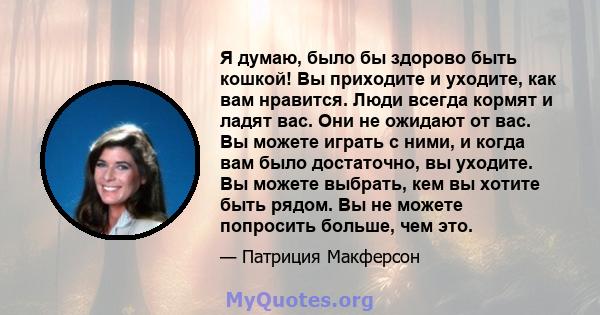 Я думаю, было бы здорово быть кошкой! Вы приходите и уходите, как вам нравится. Люди всегда кормят и ладят вас. Они не ожидают от вас. Вы можете играть с ними, и когда вам было достаточно, вы уходите. Вы можете выбрать, 