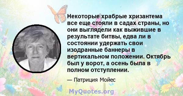 Некоторые храбрые хризантема все еще стояли в садах страны, но они выглядели как выжившие в результате битвы, едва ли в состоянии удержать свои изодранные баннеры в вертикальном положении. Октябрь был у ворот, а осень