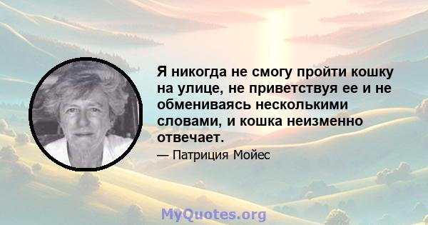 Я никогда не смогу пройти кошку на улице, не приветствуя ее и не обмениваясь несколькими словами, и кошка неизменно отвечает.