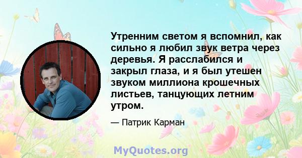 Утренним светом я вспомнил, как сильно я любил звук ветра через деревья. Я расслабился и закрыл глаза, и я был утешен звуком миллиона крошечных листьев, танцующих летним утром.