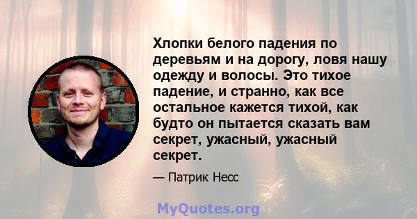 Хлопки белого падения по деревьям и на дорогу, ловя нашу одежду и волосы. Это тихое падение, и странно, как все остальное кажется тихой, как будто он пытается сказать вам секрет, ужасный, ужасный секрет.