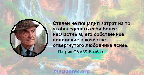 Стивен не пощадил затрат на то, чтобы сделать себя более несчастным, его собственное положение в качестве отвергнутого любовника яснее.