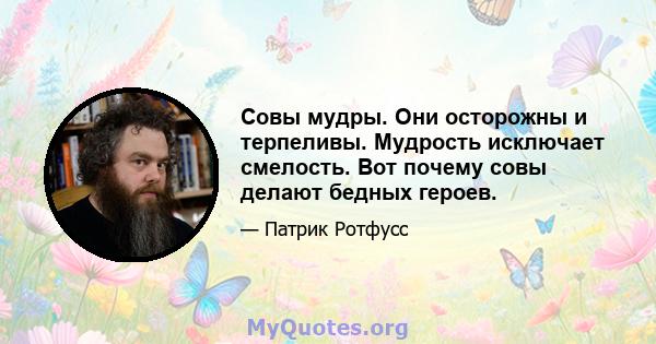 Совы мудры. Они осторожны и терпеливы. Мудрость исключает смелость. Вот почему совы делают бедных героев.